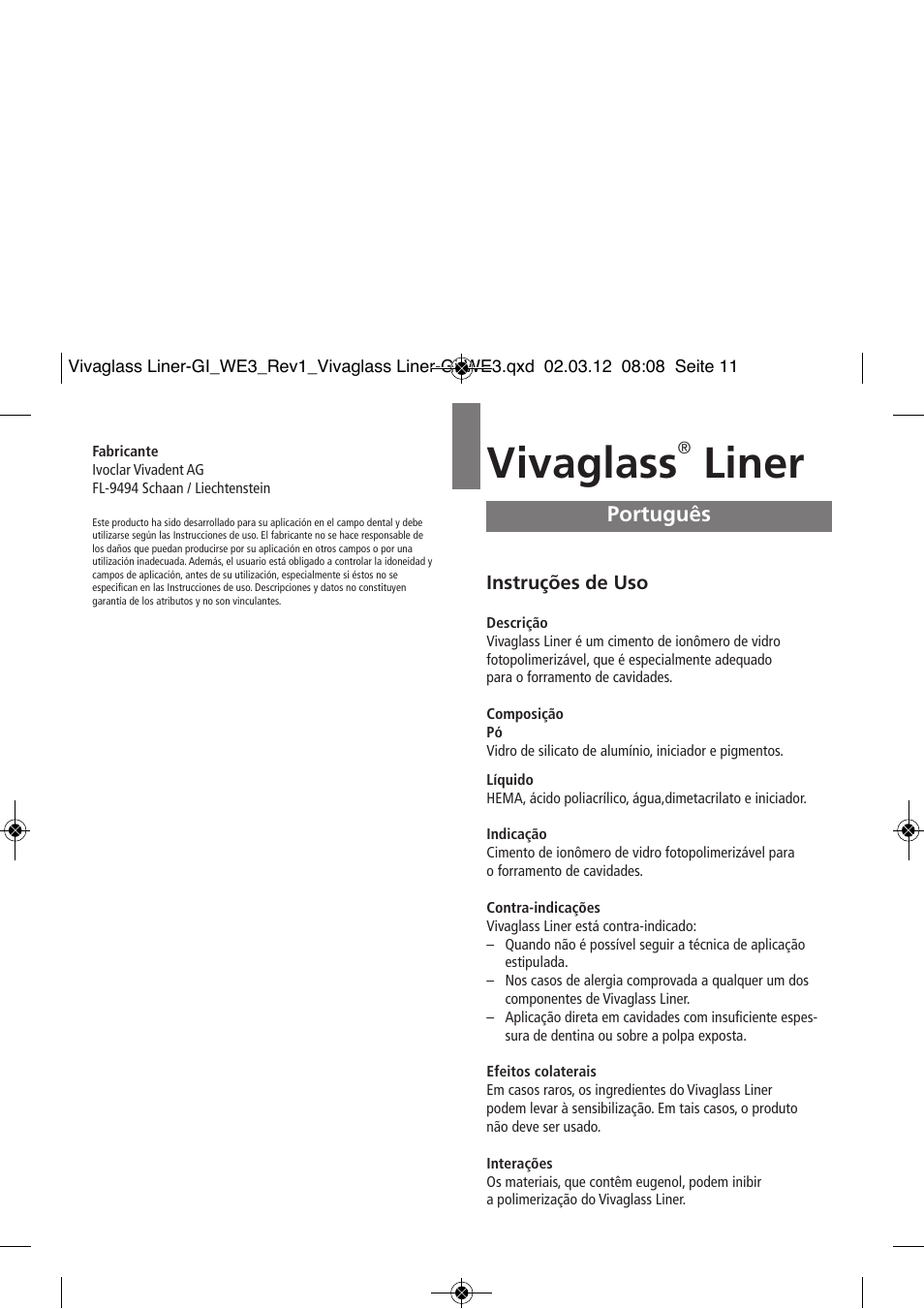 Português, Vivaglass, Liner | Ivoclar Vivadent Vivaglass Liner User Manual | Page 11 / 32