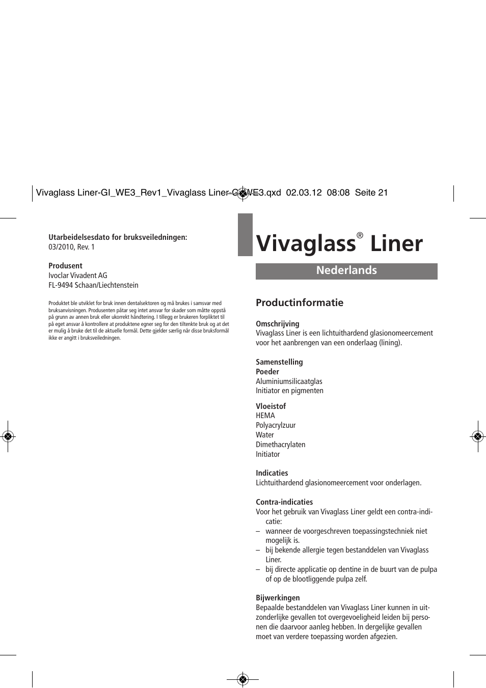 Nederlands, Vivaglass, Liner | Ivoclar Vivadent Vivaglass Liner User Manual | Page 21 / 32