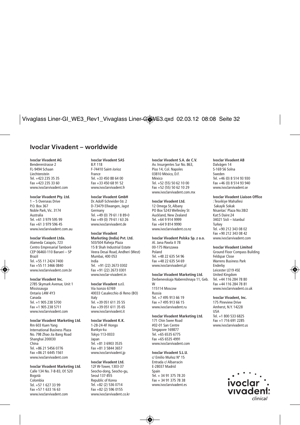 Ivoclar vivadent – worldwide | Ivoclar Vivadent Vivaglass Liner User Manual | Page 32 / 32