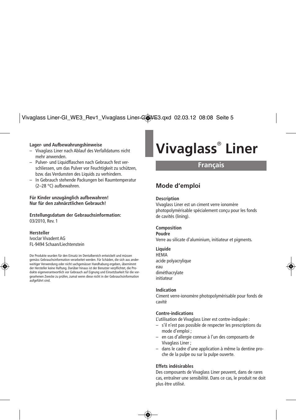 Français, Vivaglass, Liner | Ivoclar Vivadent Vivaglass Liner User Manual | Page 5 / 32
