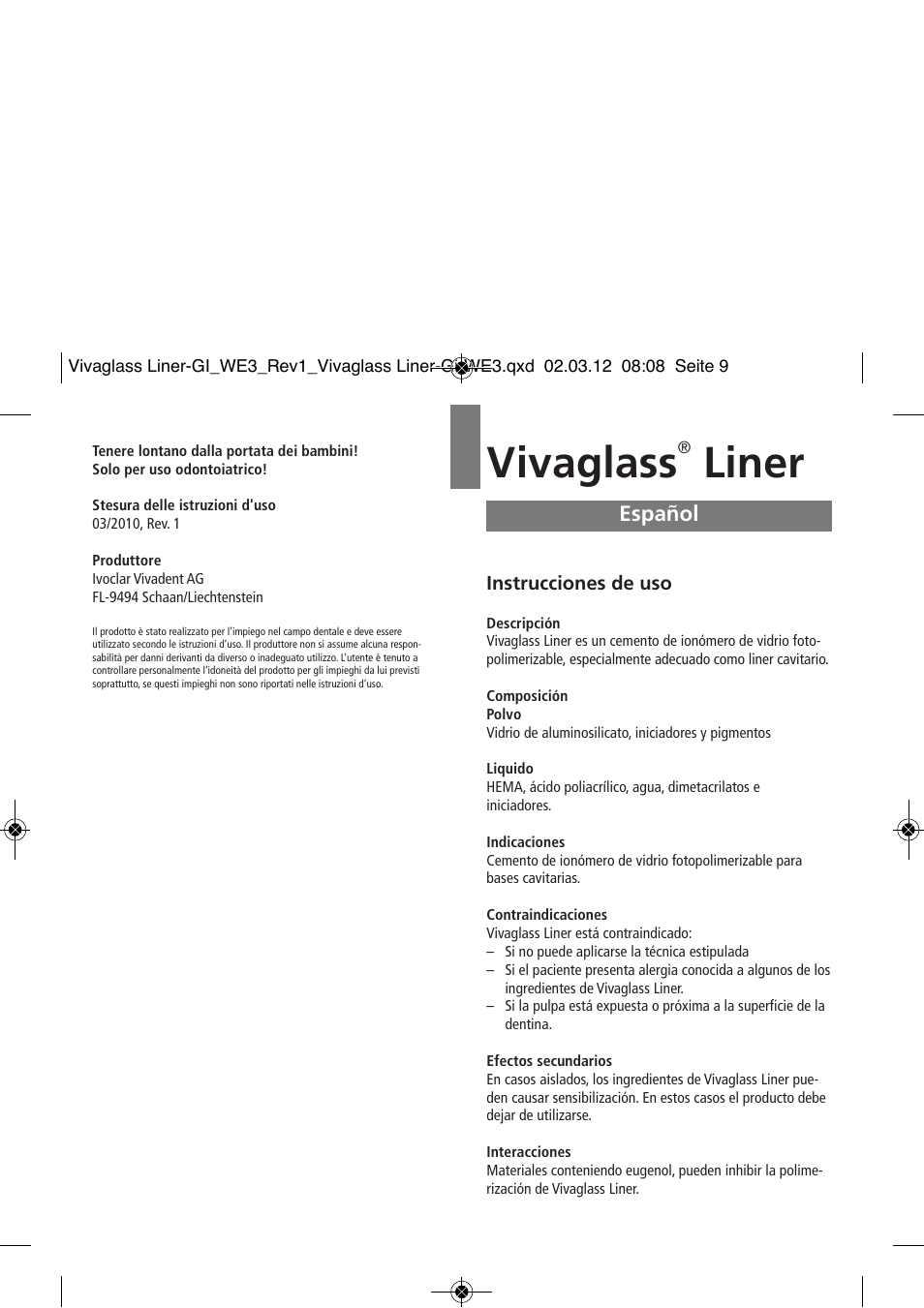 Español, Vivaglass, Liner | Ivoclar Vivadent Vivaglass Liner User Manual | Page 9 / 32