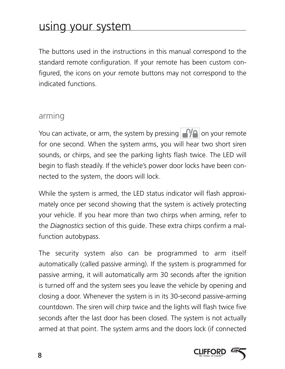 Using your system, Arming | CLIFFORD 770 User Manual | Page 11 / 47