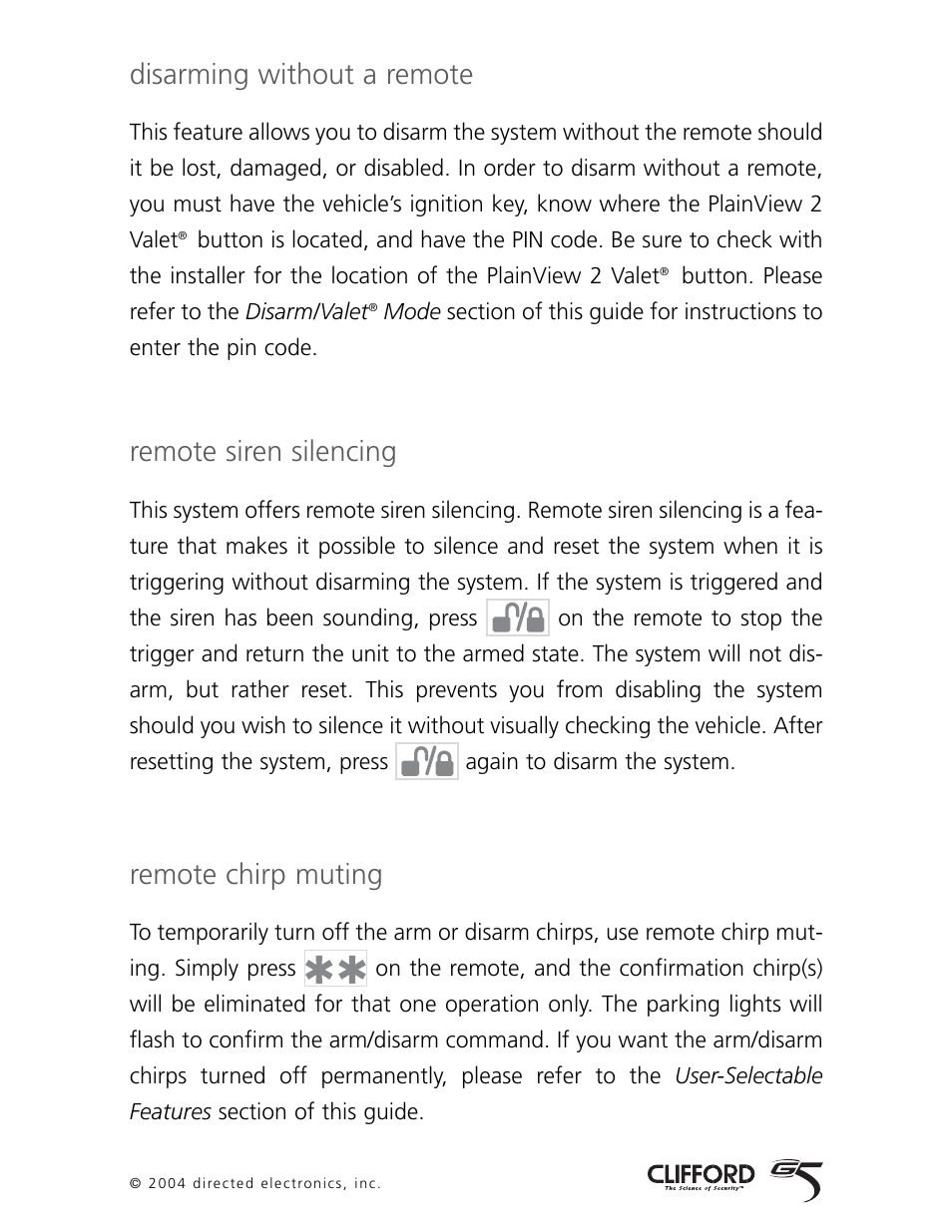 Disarming without a remote, Remote siren silencing, Remote chirp muting | CLIFFORD 770 User Manual | Page 13 / 47