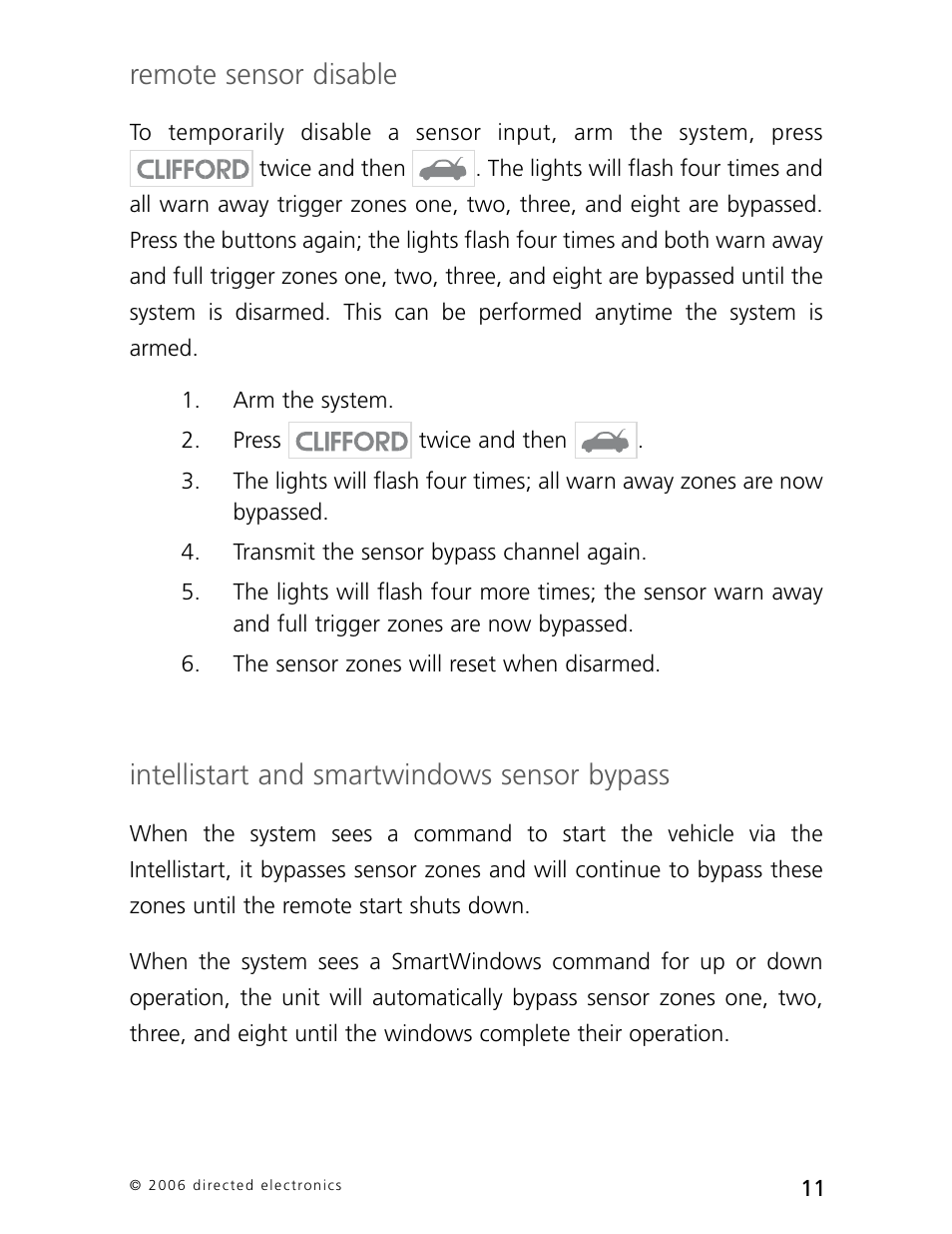 Remote sensor disable, Intellistart and smartwindows sensor bypass | CLIFFORD 770 User Manual | Page 14 / 47