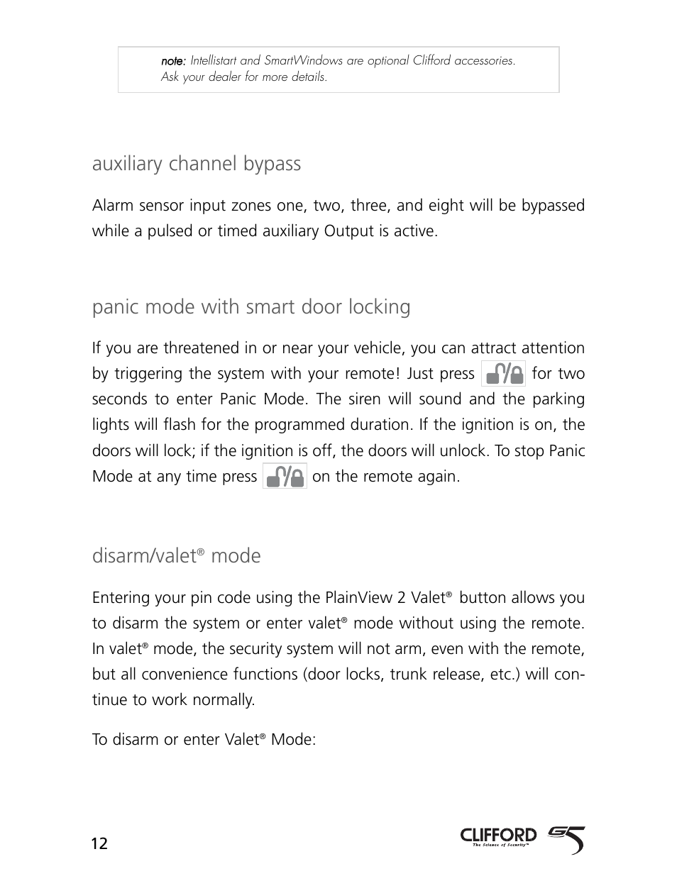 Auxiliary channel bypass, Panic mode with smart door locking, Disarm/valet | Mode | CLIFFORD 770 User Manual | Page 15 / 47