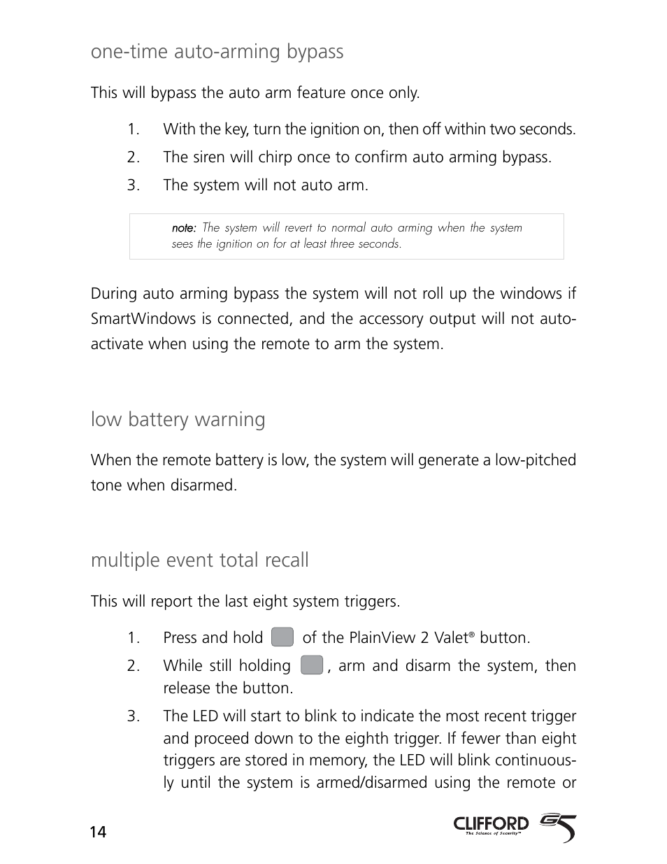 One-time auto-arming bypass, Low battery warning, Multiple event total recall | CLIFFORD 770 User Manual | Page 17 / 47