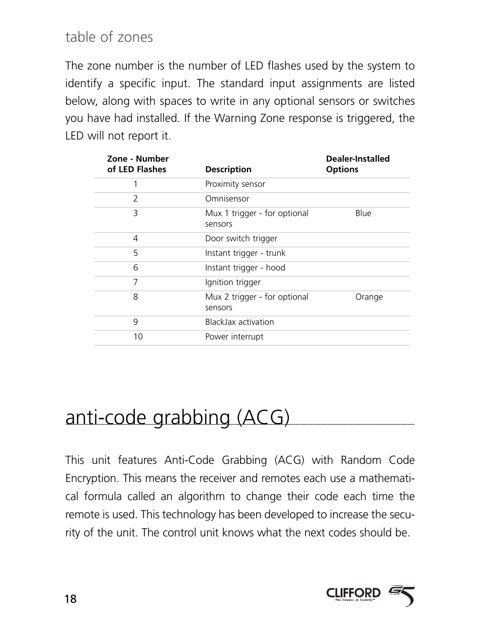 Anti-code grabbing (acg), Table of zones | CLIFFORD 770 User Manual | Page 21 / 47