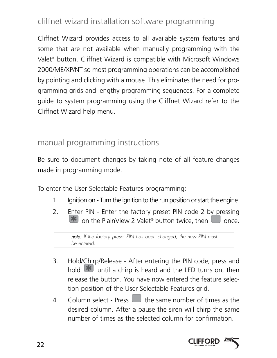 Cliffnet wizard installation software programming, Manual programming instructions | CLIFFORD 770 User Manual | Page 25 / 47