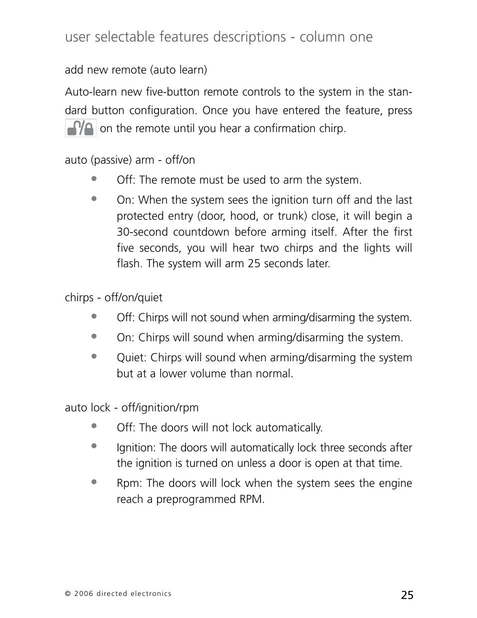 User selectable features descriptions - column one | CLIFFORD 770 User Manual | Page 28 / 47