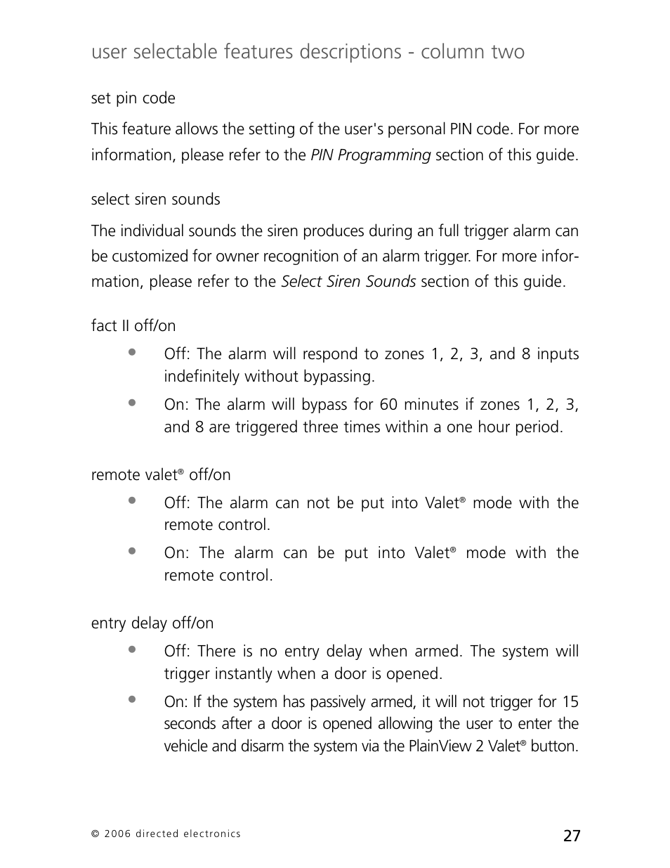 User selectable features descriptions - column two | CLIFFORD 770 User Manual | Page 30 / 47