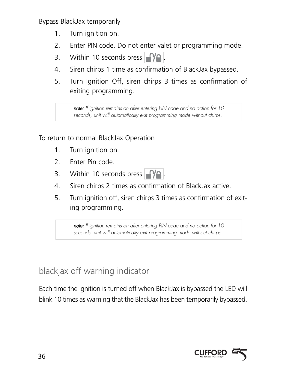 Blackjax off warning indicator | CLIFFORD 770 User Manual | Page 39 / 47