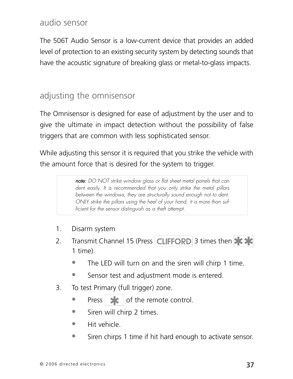 Audio sensor, Adjusting the omnisensor | CLIFFORD 770 User Manual | Page 40 / 47