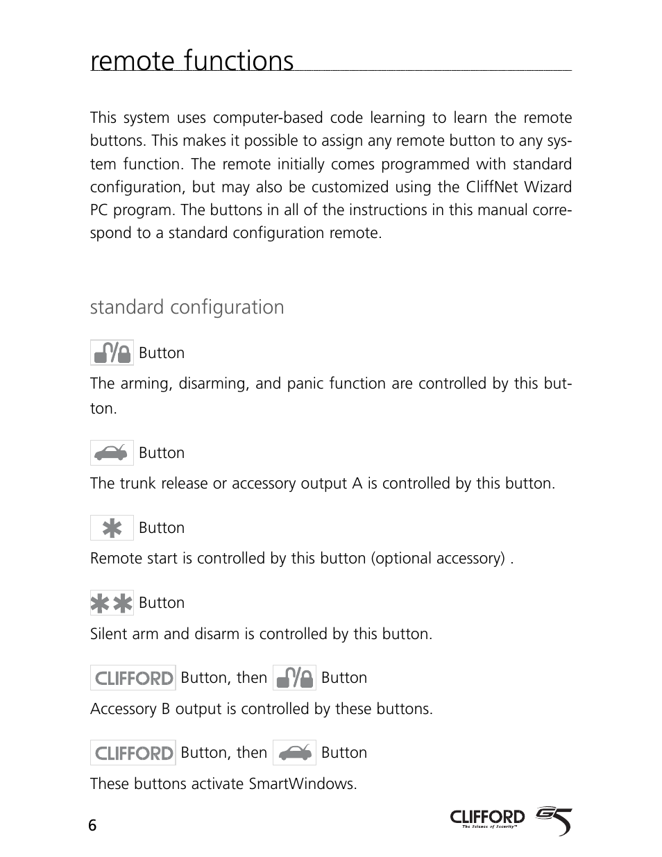 Remote functions, Standard configuration | CLIFFORD 770 User Manual | Page 9 / 47