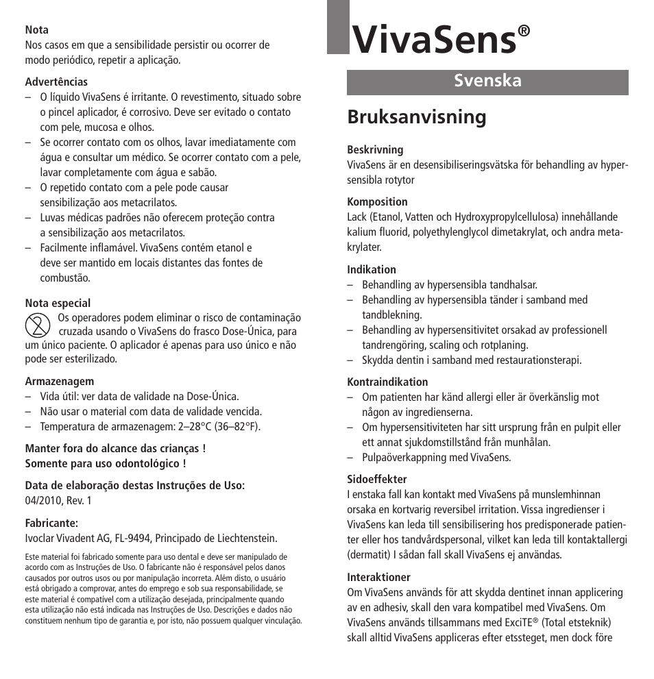 Svenska, Vivasens, Bruksanvisning | Ivoclar Vivadent VivaSens User Manual | Page 10 / 28