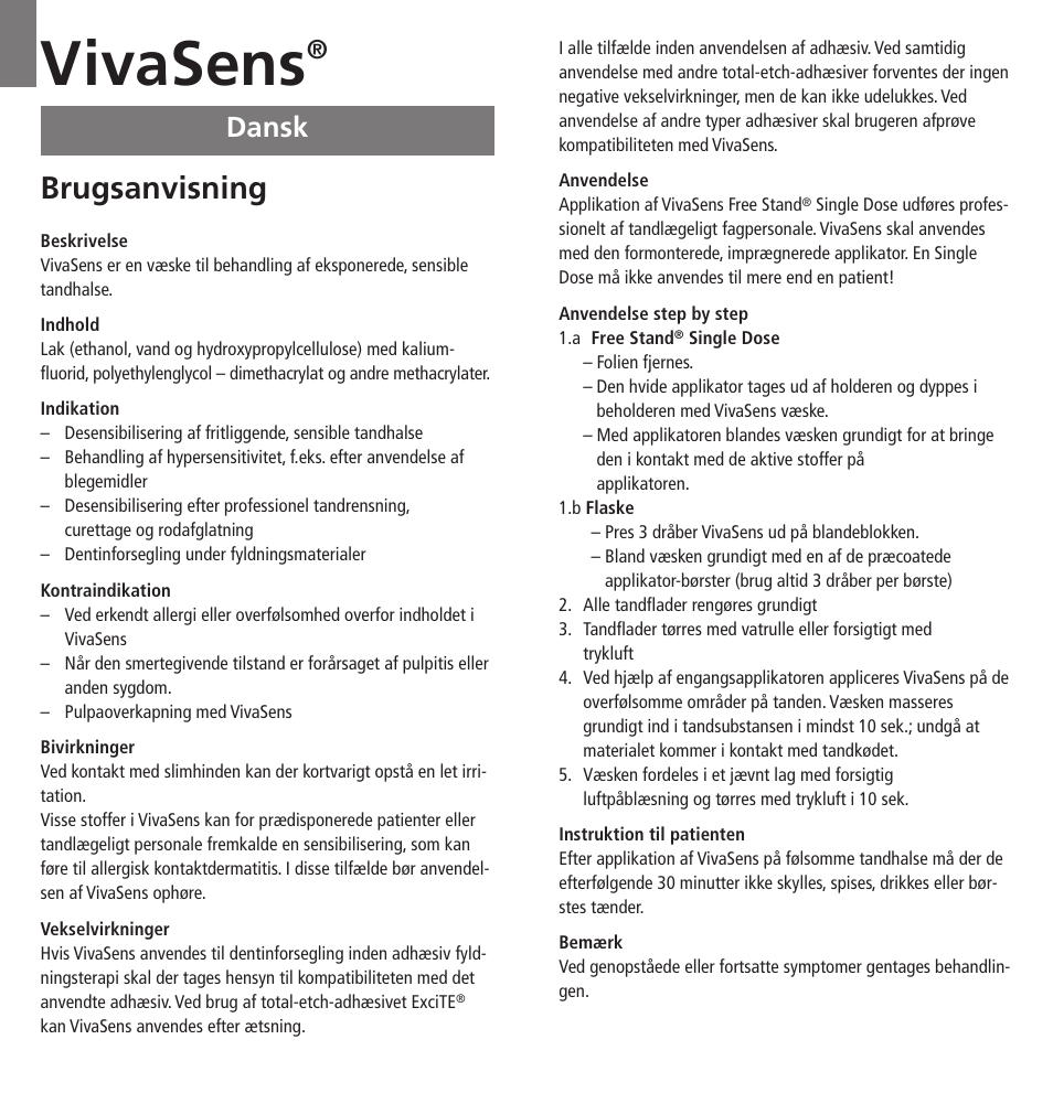 Dansk, Vivasens, Brugsanvisning | Ivoclar Vivadent VivaSens User Manual | Page 12 / 28