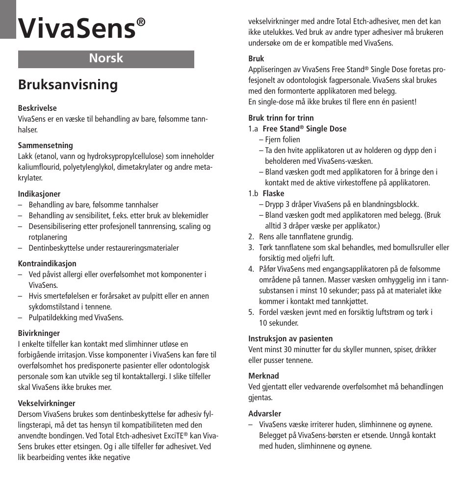 Norsk, Vivasens, Bruksanvisning | Ivoclar Vivadent VivaSens User Manual | Page 15 / 28