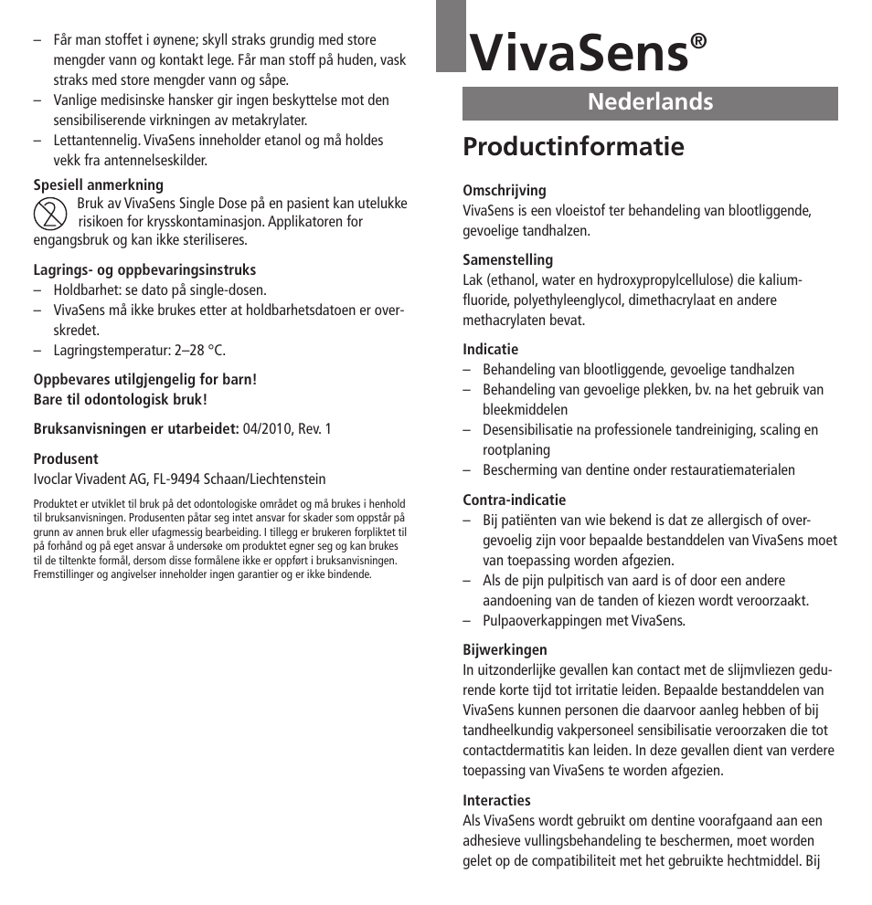 Nederlands, Vivasens, Productinformatie | Ivoclar Vivadent VivaSens User Manual | Page 16 / 28