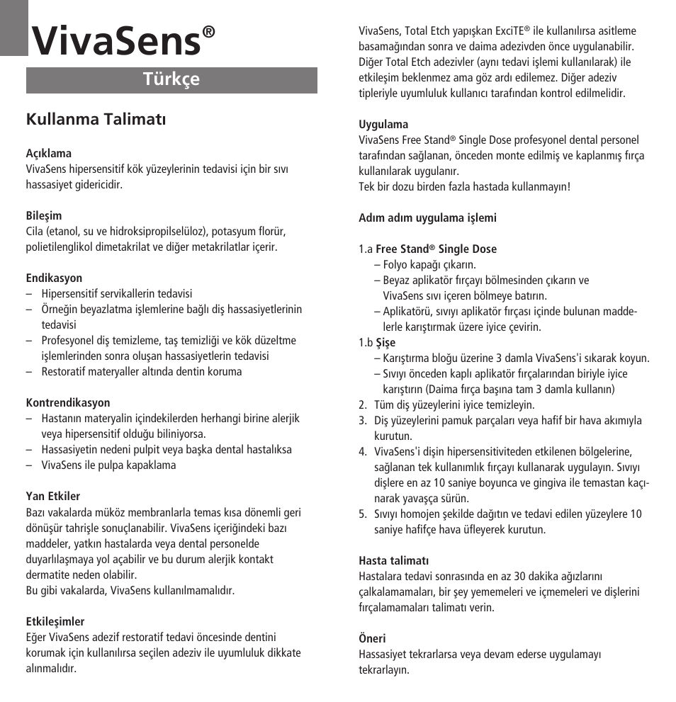 Türkçe, Vivasens, Kullanma talimatı | Ivoclar Vivadent VivaSens User Manual | Page 20 / 28