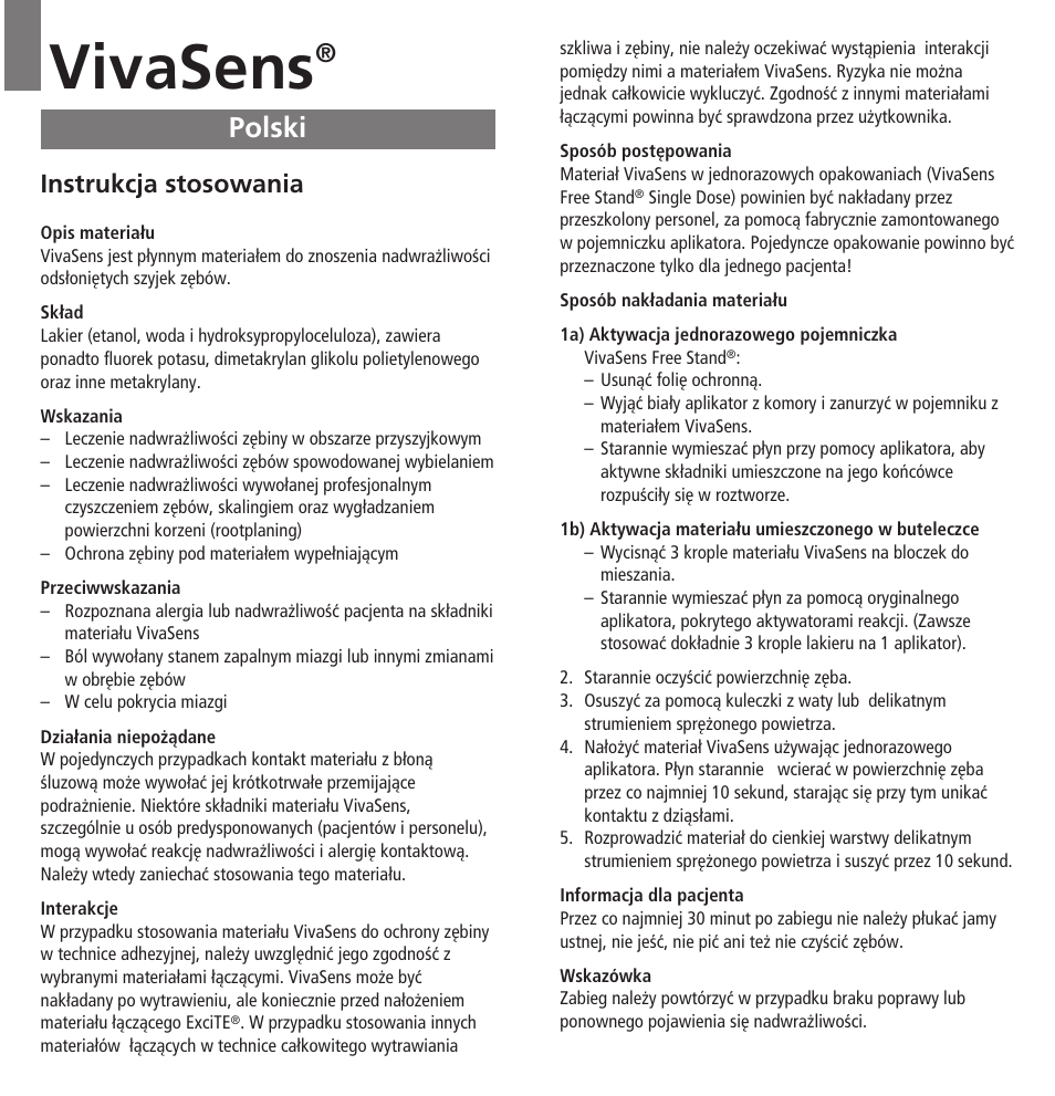 Polski, Vivasens, Instrukcja stosowania | Ivoclar Vivadent VivaSens User Manual | Page 23 / 28