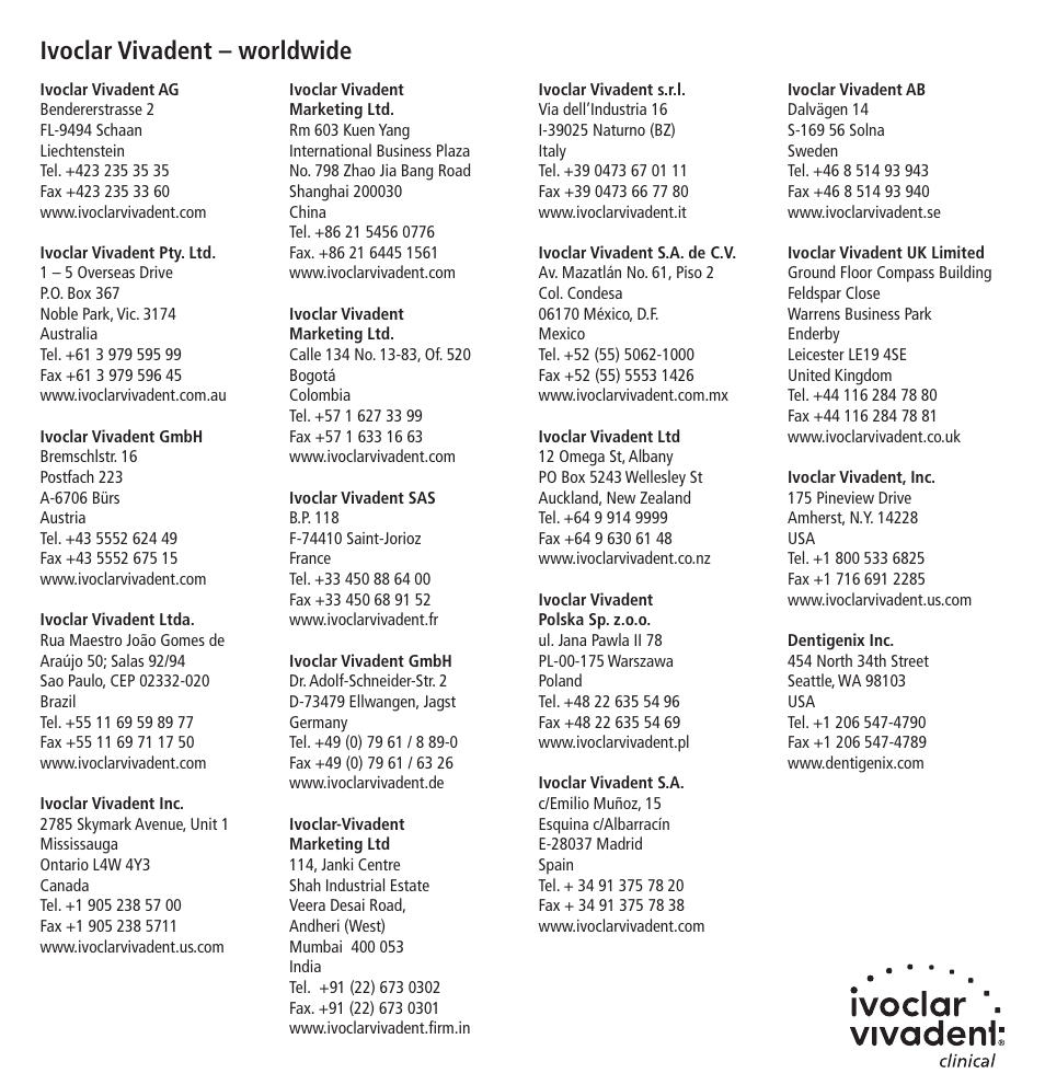 Ivoclar vivadent – worldwide | Ivoclar Vivadent VivaSens User Manual | Page 28 / 28