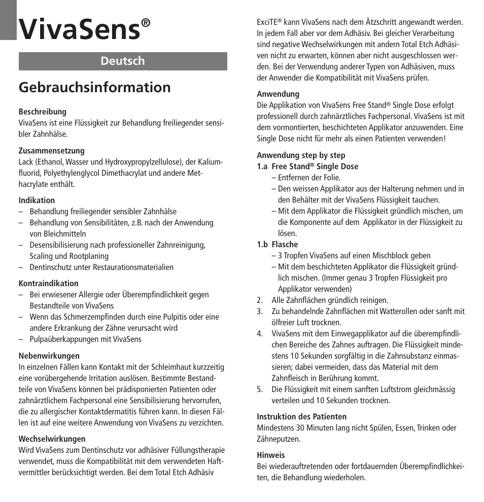 Deutsch, Vivasens, Gebrauchsinformation | Ivoclar Vivadent VivaSens User Manual | Page 3 / 28
