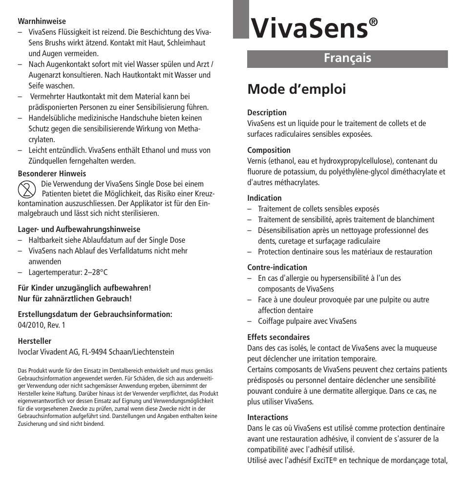 Français, Vivasens, Mode d’emploi | Ivoclar Vivadent VivaSens User Manual | Page 4 / 28