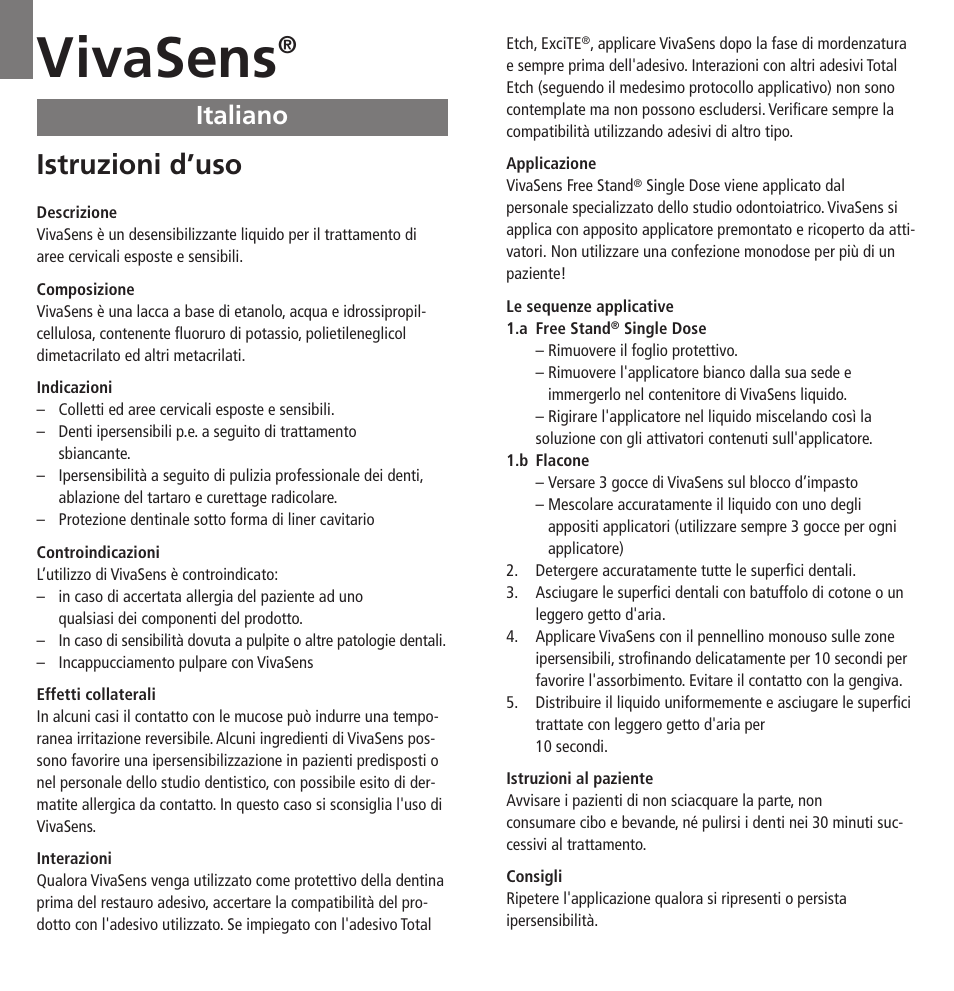 Italiano, Vivasens, Istruzioni d’uso | Ivoclar Vivadent VivaSens User Manual | Page 6 / 28