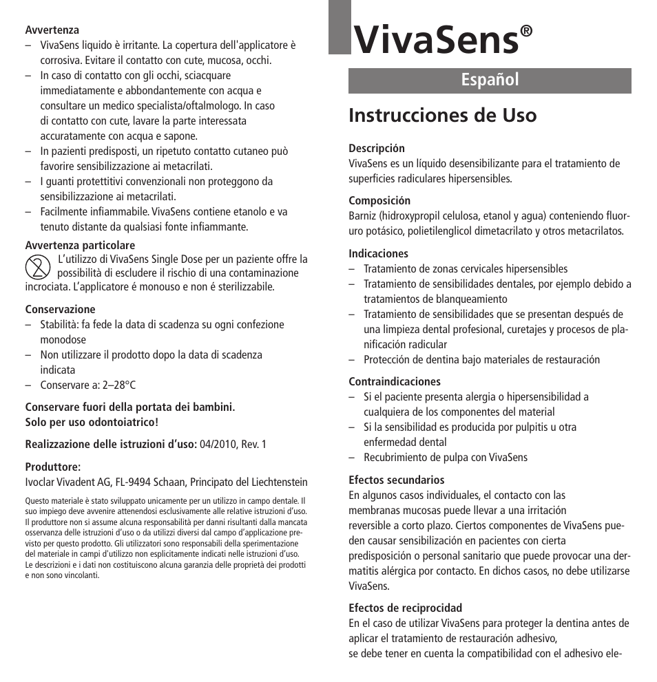 Español, Vivasens, Instrucciones de uso | Ivoclar Vivadent VivaSens User Manual | Page 7 / 28