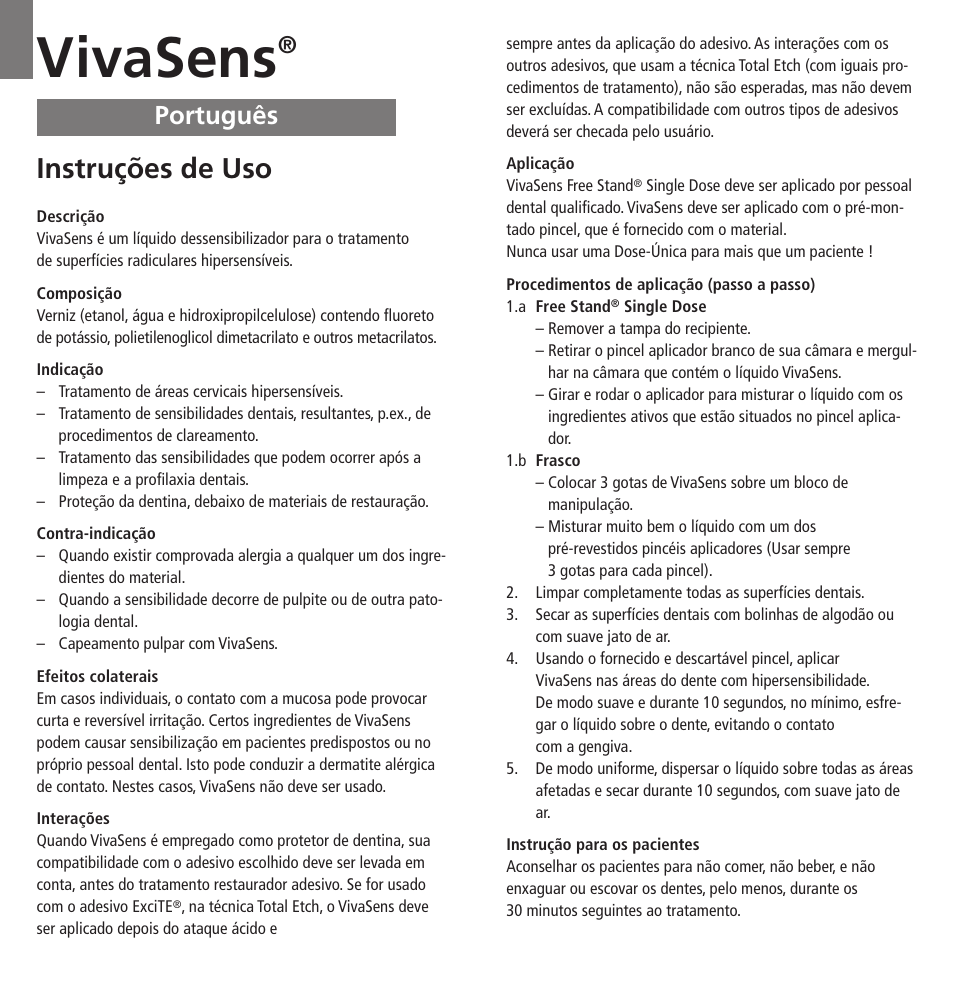 Português, Vivasens, Instruções de uso | Ivoclar Vivadent VivaSens User Manual | Page 9 / 28