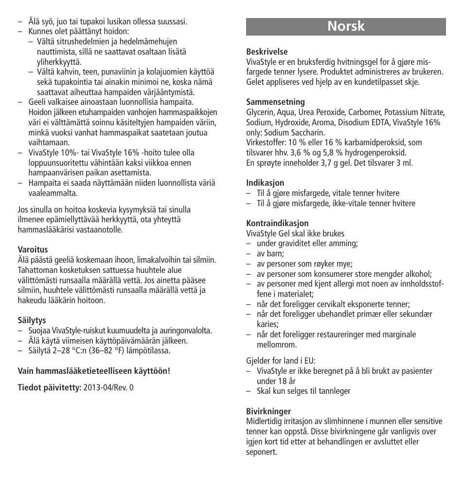 Norsk | Ivoclar Vivadent VivaStyle 10% - 16% (At Home) User Manual | Page 15 / 28