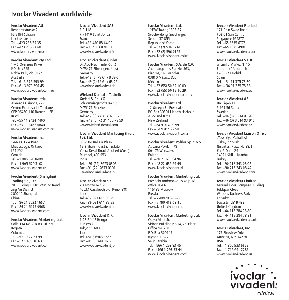 Ivoclar vivadent worldwide | Ivoclar Vivadent VivaStyle 10% - 16% (At Home) User Manual | Page 28 / 28