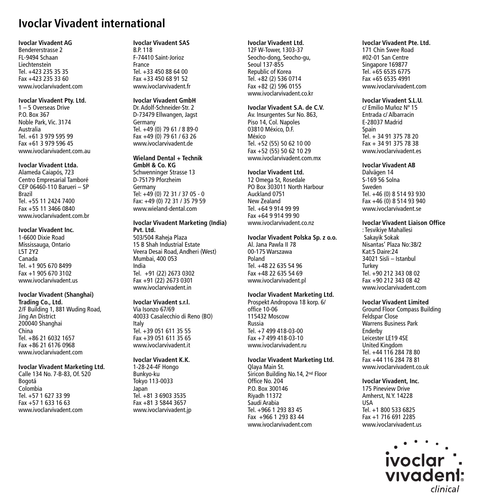 Ivoclar vivadent international | Ivoclar Vivadent VivaStyle 10% -16% (Dentists) User Manual | Page 32 / 32