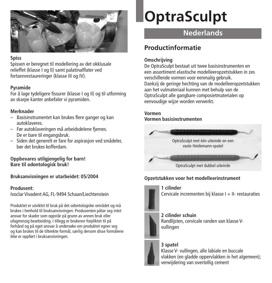 Nederlands, Optrasculpt, Productinformatie | Ivoclar Vivadent OptraSculpt v.1.pdf User Manual | Page 21 / 26