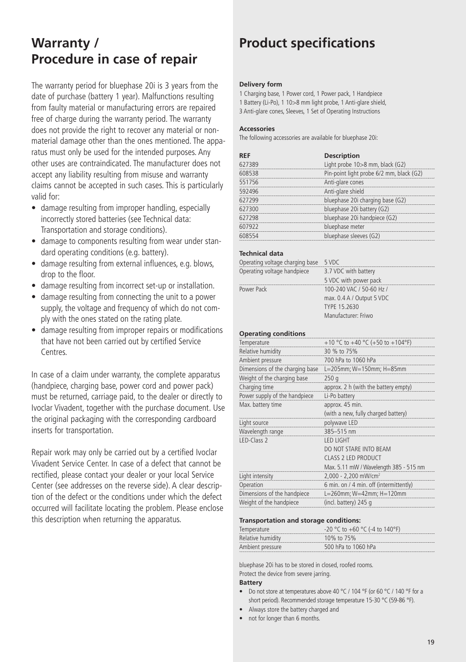 Warranty / procedure in case of repair, Product specifications | Ivoclar Vivadent Bluephase 20i v.5 User Manual | Page 17 / 91