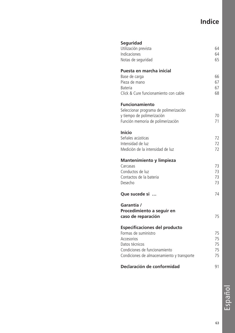 Español, Indice | Ivoclar Vivadent Bluephase 20i v.5 User Manual | Page 61 / 91