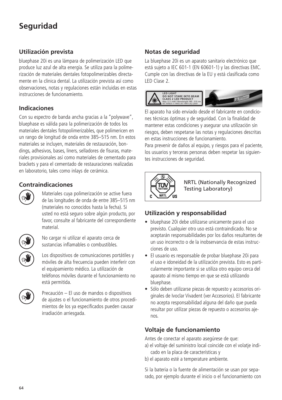 Seguridad | Ivoclar Vivadent Bluephase 20i v.5 User Manual | Page 62 / 91