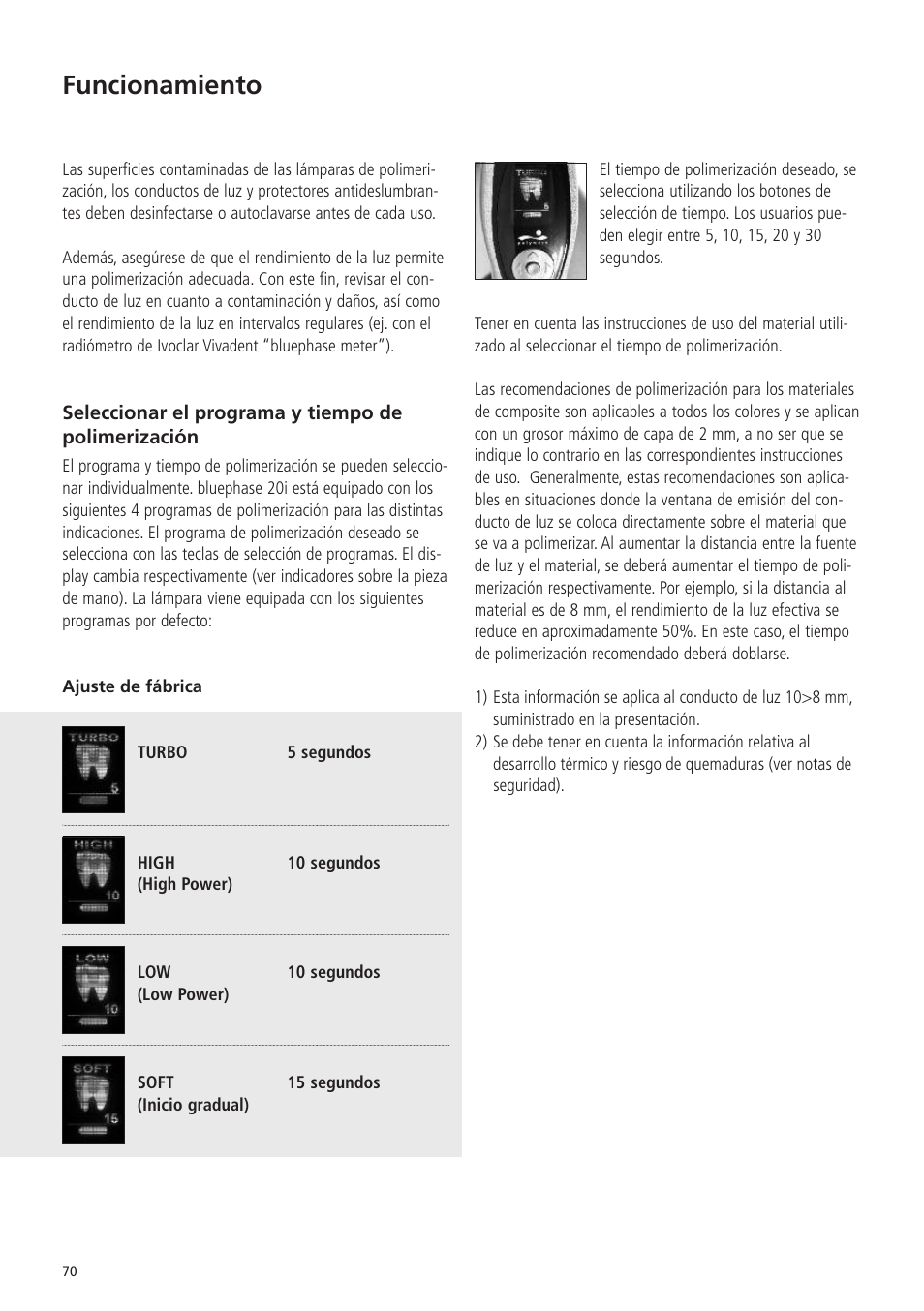 Funcionamiento | Ivoclar Vivadent Bluephase 20i v.5 User Manual | Page 68 / 91