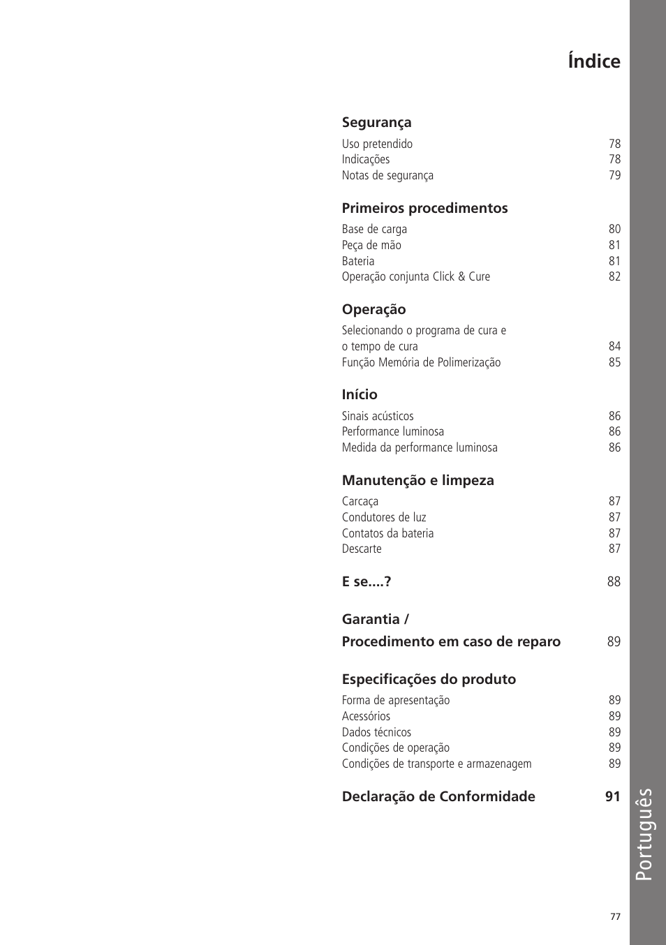 Português, Índice | Ivoclar Vivadent Bluephase 20i v.5 User Manual | Page 75 / 91