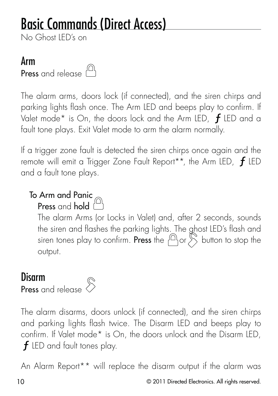 Basic commands (direct access), Disarm | CLIFFORD Remote Start & Security System 520.4X User Manual | Page 13 / 53