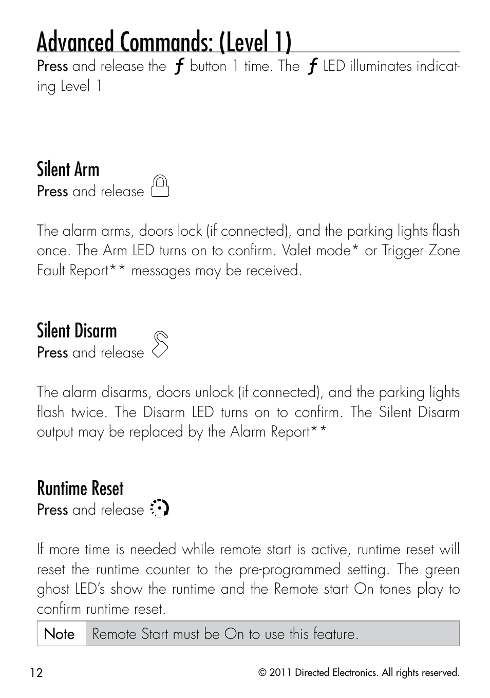 Advanced commands: (level 1), Silent arm, Silent disarm | Runtime reset | CLIFFORD Remote Start & Security System 520.4X User Manual | Page 15 / 53