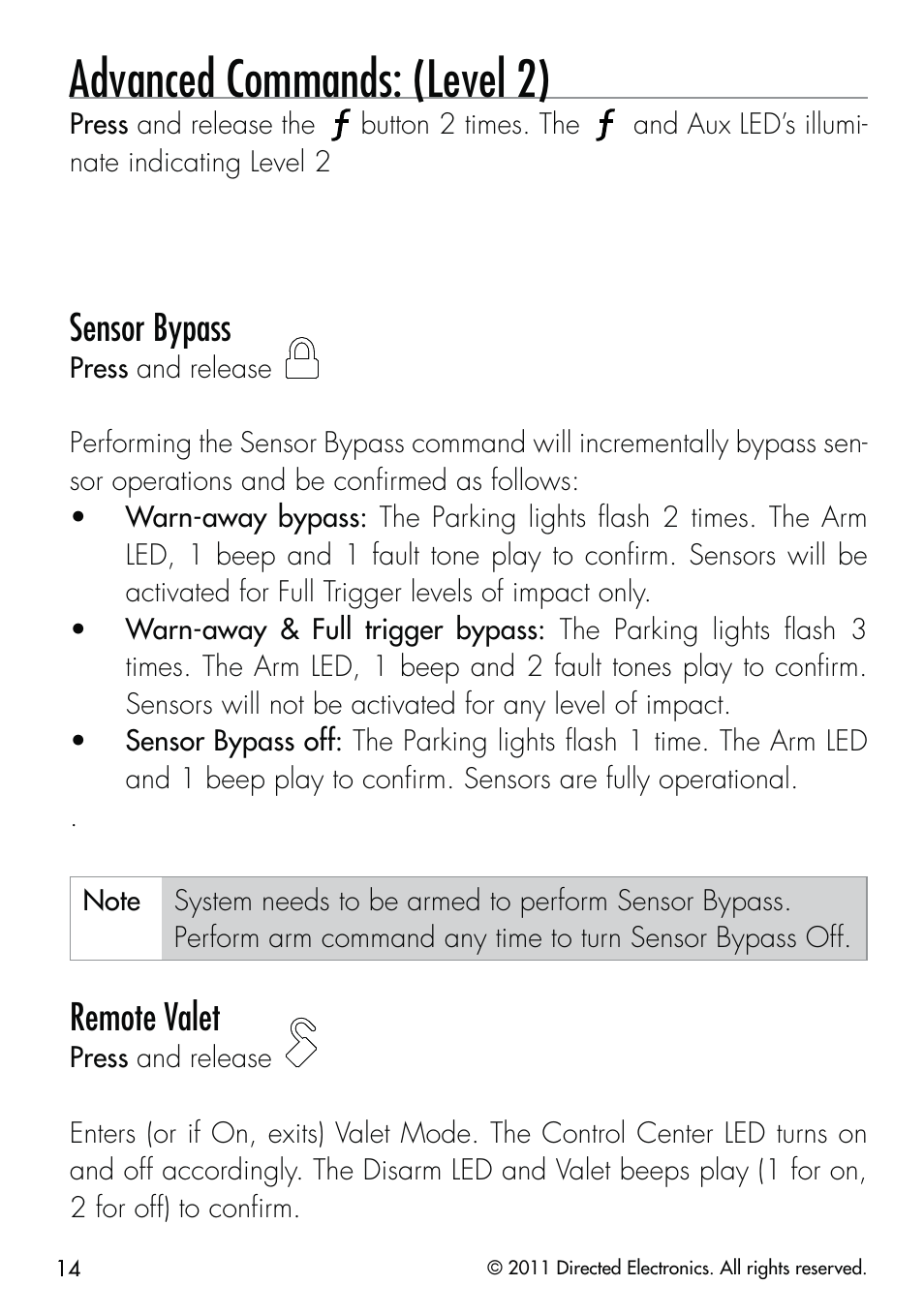 Advanced commands: (level 2), Sensor bypass, Remote valet | CLIFFORD Remote Start & Security System 520.4X User Manual | Page 17 / 53
