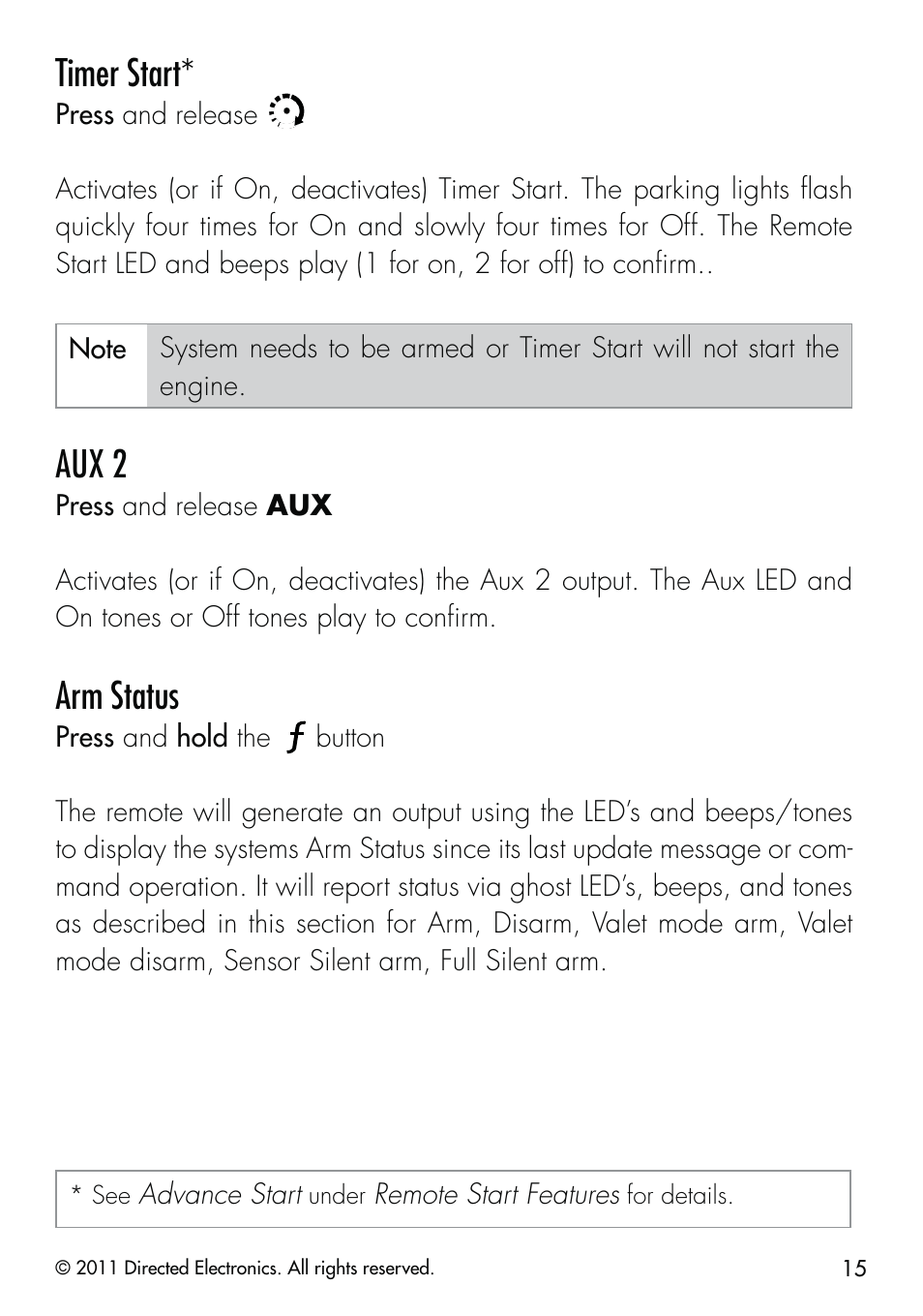 Timer start, Aux 2, Arm status | CLIFFORD Remote Start & Security System 520.4X User Manual | Page 18 / 53