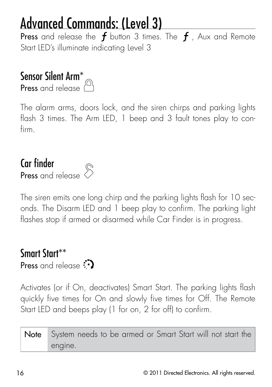 Advanced commands: (level 3), Sensor silent arm, Car ﬁnder | Smart start | CLIFFORD Remote Start & Security System 520.4X User Manual | Page 19 / 53