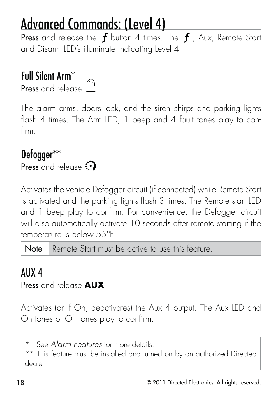 Advanced commands: (level 4), Full silent arm, Defogger | Aux 4 | CLIFFORD Remote Start & Security System 520.4X User Manual | Page 21 / 53