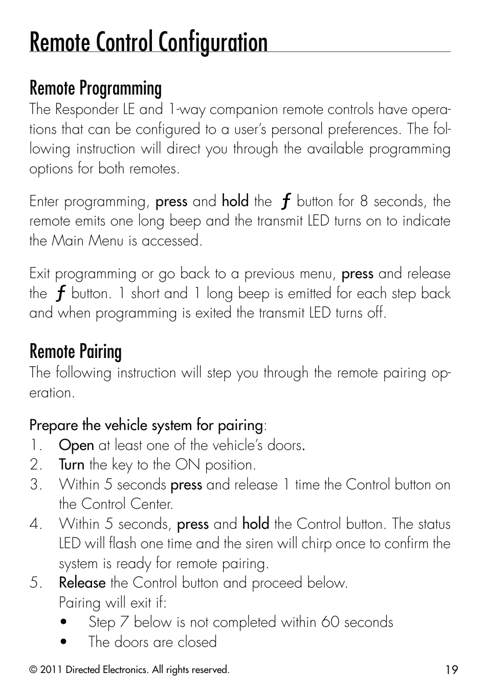 Remote control conﬁguration, Remote programming, Remote pairing | CLIFFORD Remote Start & Security System 520.4X User Manual | Page 22 / 53