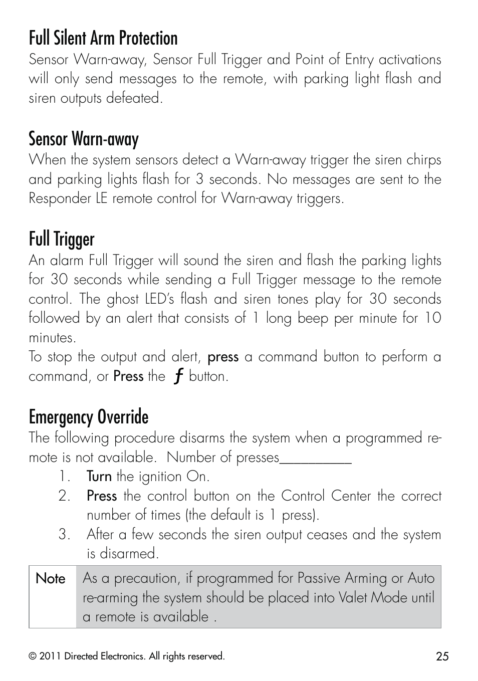 Full silent arm protection, Sensor warn-away, Full trigger | Emergency override | CLIFFORD Remote Start & Security System 520.4X User Manual | Page 28 / 53