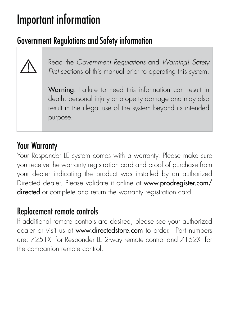 Important information | CLIFFORD Remote Start & Security System 520.4X User Manual | Page 3 / 53