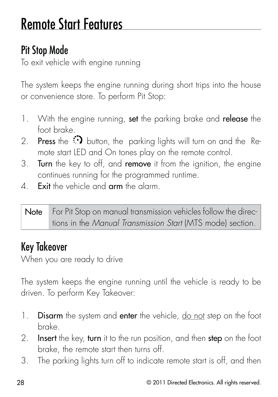 Remote start features, Pit stop mode, Key takeover | CLIFFORD Remote Start & Security System 520.4X User Manual | Page 31 / 53