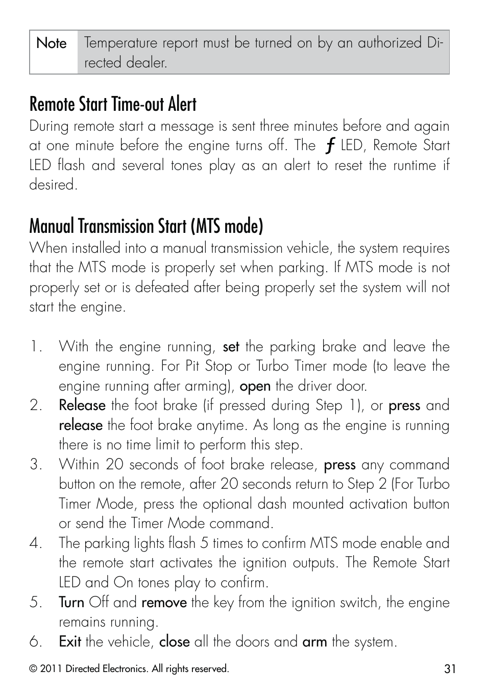 Remote start time-out alert, Manual transmission start (mts mode) | CLIFFORD Remote Start & Security System 520.4X User Manual | Page 34 / 53