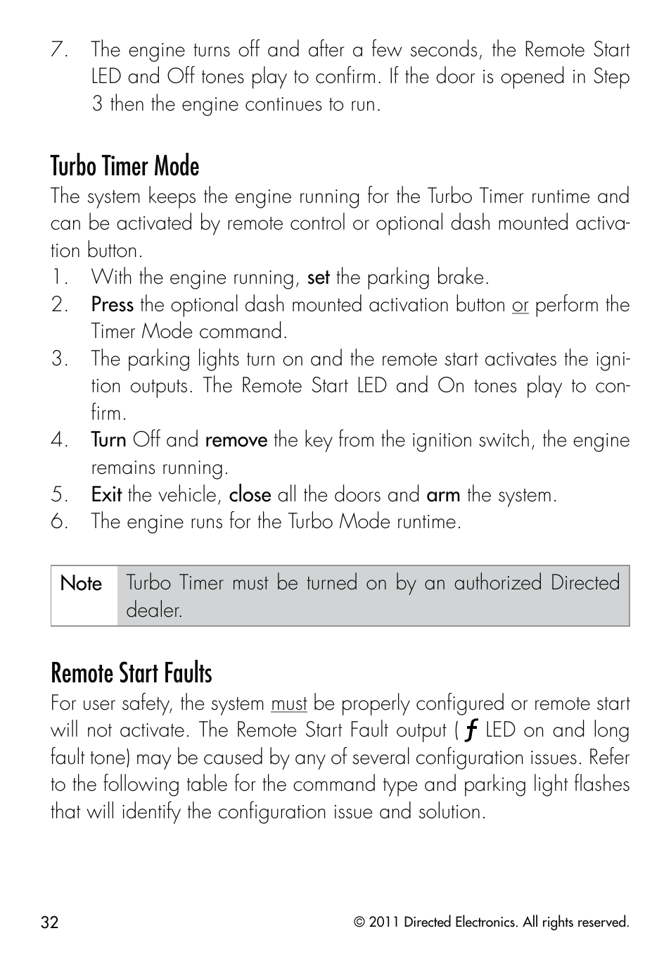 Turbo timer mode, Remote start faults | CLIFFORD Remote Start & Security System 520.4X User Manual | Page 35 / 53